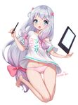  adrenaline!!! ankkoyom artist_name ass_visible_through_thighs barefoot bikini bikini_under_clothes blue_eyes bow clothes_writing copyright_name drawing_tablet eromanga_sensei eyebrows_visible_through_hair hair_bow highres izumi_sagiri long_hair looking_at_viewer open_mouth pink_bikini pink_bow shirt silver_hair simple_background solo striped striped_bikini stylus swimsuit swimsuit_under_clothes t-shirt white_background 