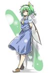  against_wall arms_behind_back ascot bangs blue_dress bow breasts closed_mouth commentary_request daiyousei dress fairy_wings from_side full_body green_eyes green_hair hair_bow highres looking_at_viewer looking_to_the_side medium_breasts ototobe puffy_short_sleeves puffy_sleeves short_sleeves side_ponytail solo standing touhou wings 