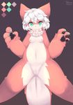  2016 anthro anus black_background breasts canine claws female fur hair looking_at_viewer mammal nipples nude orange_eyes orange_fur pawpads paws pussy simple_background solo spread_legs spreading white_fur white_hair yakimo 