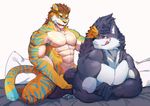  2017 abs anthro bed biceps canine cum digital_media_(artwork) feline fur hi_res male male/male mammal multicolored_fur muscular muscular_male nipples nude pecs simple_background tiger tongue wolf 阿拉斯加猫 