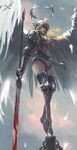  angel blonde_hair blood bloody_weapon breastplate feathered_wings gauntlets ghostblade glaive greaves halo helmet highres lips long_hair nose on_top_of_pole red_eyes solo standing standing_on_one_leg striped striped_legwear thighhighs tiptoes vertical-striped_legwear vertical_stripes weapon wings wlop 