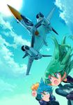  alien blonde_hair blue_eyes blue_hair bodysuit canards carrying_over_shoulder cloud commentary commentary_request day giantess glasses green_hair helmet ichijou_hikaru inui's_meltran inui_(jt1116) jolly_roger long_hair macross macross_flashback_2012 mecha meltrandi multiple_girls pilot pilot_suit pointy_ears science_fiction sketch sky sun u.n._spacy variable_fighter vf-4 wind zentradi 