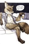  2017 anthro bottomless canine clothed clothing comfortlove disney english_text fox fur half-closed_eyes hi_res male mammal necktie nick_wilde open_shirt simple_background text zootopia 