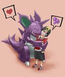  &lt;3 2009 ambiguous_gender aogatsu black_hair claws clothed clothing duo eyes_closed feral gold_(pok&eacute;mon) hair hat horn hug human humor male mammal nidoking nintendo open_mouth pink_background poison pok&eacute;mon purple_body simple_background smile standing teeth video_games white_body 