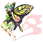  antennae baba_(baba_seimaijo) bangs bare_arms barefoot blue_hair brown_eyes butterfly_wings dress eternity_larva full_body green_dress hair_between_eyes hair_ornament highres leaf leaf_hair_ornament leaf_on_head looking_at_viewer open_mouth power-up short_hair smile solo tachi-e touhou transparent_background wings yellow_wings 