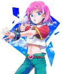  :o beauty blue_eyes blush bobobo-bo_bo-bobo commentary_request denim earrings jeans jewelry looking_at_viewer midriff open_mouth pants pink_hair short_hair solo standing toku_(pixiv) 