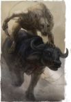  2018 anthro blood bovine cattle digital_media_(artwork) duo feline feral imminent_death knife kur0i lion mammal 