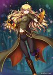  adsouto blonde_hair boots brown_footwear ember_celica_(rwby) gauntlets gloves grin highres knee_boots long_hair looking_at_viewer rwby smile solo weapon yang_xiao_long 