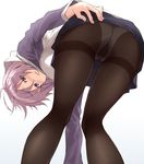  ass bent_over blush breasts fate/grand_order fate_(series) from_behind from_below gusset hand_on_own_ass hood hoodie large_breasts legs mash_kyrielight panties panties_under_pantyhose pantyhose pantylines pleated_skirt purple_eyes purple_hair short_hair shunichi simple_background skirt solo thighband_pantyhose thighs underwear wavy_mouth white_background 