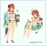  :d ahoge arashi_(kantai_collection) blue_innertube breasts character_name highres i-class_destroyer innertube kantai_collection machinery malachite medium_breasts messy_hair open_mouth purple_eyes red_hair sandals short_hair smile solo swimsuit underboob 
