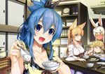  :d absurdres ahoge animal_ears apron bangs bare_shoulders black_ribbon blonde_hair blue_eyes blue_hair blush book bookshelf bow bowl breasts brown_sweater bunny_ears chopsticks cleavage collarbone eyebrows_visible_through_hair feeding fingerless_gloves food fox_ears fox_girl gloves hair_between_eyes hair_ornament hands_up heater highres indoors japanese_clothes jie_laite kimono large_breasts long_hair long_sleeves looking_at_viewer multiple_girls obi omelet omurice one_eye_closed open_mouth original plate pov_feeding red_bow red_gloves ribbed_sweater ribbon rice rice_bowl rice_spoon sash shirt short_ponytail sitting sleeveless sleeveless_shirt smile sweatdrop sweater table teapot turtleneck turtleneck_sweater twintails white_hair wide_sleeves wiping_face yellow_apron yellow_eyes 