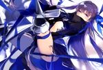  armor armored_boots bdsm black_coat blue_eyes blue_ribbon bondage boots bound commentary_request fate/extra fate/extra_ccc fate_(series) fukuda935 hair_ribbon long_hair long_sleeves meltlilith navel purple_hair revealing_clothes ribbon ribbon_bondage simple_background solo thigh_boots thighhighs very_long_hair 