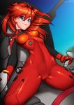  blue_eyes blue_sky bodysuit breasts cameltoe cockpit controller eyebrows_visible_through_hair hairpods highres joystick neocoill neon_genesis_evangelion orange_hair pilot_suit plugsuit red_bodysuit sky small_breasts solo souryuu_asuka_langley 