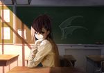  bat_wings cardigan chair chalk chalkboard classroom classroom_eraser demon_wings desk drawn_wings gabriel_dropout hair_ornament hand_on_own_cheek hand_on_own_face looking_at_viewer purple_eyes purple_hair sak_(user_yarg) school_uniform short_hair signature sitting smile solo topknot tsukinose_vignette_april upper_body window_shade wings x_hair_ornament 