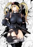  bandana belt black_gloves black_legwear blonde_hair blue_eyes breasts butcherboy gloves groin gun highres holding holding_gun holding_weapon large_breasts leotard long_hair original shotgun shotgun_shells smile thighhighs twintails weapon 