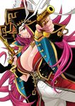  antique_firearm blue_eyes breasts cleavage fate/extra fate/grand_order fate_(series) firearm firelock flintlock francis_drake_(fate) grin gun hat large_breasts long_hair looking_at_viewer pink_hair pirate_hat scar simple_background smile solo weapon white_background yukiyanagi 