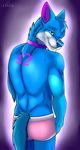  anthro blue_eyes blue_fur blue_tail bulge butt canine cinta clothed clothing collar dog ear_piercing fur hi_res husky looking_back male male/male mammal omegahusky piercing pink_fur solo topless underwear white_fur 