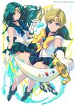  2girls bare_legs bishoujo_senshi_sailor_moon blonde_hair blue_bow blue_choker blue_eyes blue_sailor_collar blue_skirt bow choker circlet crescent crescent_earrings deep_aqua_mirror earrings full_body gloves green_choker green_eyes green_hair green_sailor_collar green_skirt highres jewelry kaiou_michiru kotatsu_(g-rough) left-handed long_hair looking_at_viewer magical_girl multiple_girls pleated_skirt sailor_collar sailor_neptune sailor_senshi_uniform sailor_uranus shoes short_hair skirt smile space_sword strappy_heels sword ten'ou_haruka tiara very_short_hair watermark weapon web_address white_background white_gloves yellow_bow 