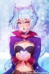  &lt;3 2016 5_fingers animal_humanoid blue_eyes blue_fur blue_hair breasts cat cat_humanoid choker cleavage clothed clothing ear_tuft feline female fingers fur gem hair hairclip human humanoid looking_at_viewer mammal midriff multicolored_fur navel open_mouth outside pinkladymage short_hair simple_background snow solo teeth tongue tuft white_fur 