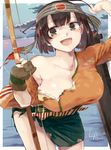  :d bow_(weapon) breasts brown_eyes brown_gloves brown_hair gloves headband highres hiryuu_(kantai_collection) japanese_clothes kantai_collection kariinu kimono large_breasts open_mouth remodel_(kantai_collection) smile solo sweat torn_clothes weapon 