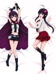  absurdres ahoge bad_id bad_pixiv_id black_footwear black_hair blush boots cape dakimakura fang fingerless_gloves full_body gloves guri highres knee_boots kneehighs long_hair looking_at_viewer lying midriff miniskirt multiple_views navel necktie on_back on_side plaid plaid_skirt pointy_ears purple_eyes ren'ai_boukun shira-nyoro skirt striped striped_neckwear 