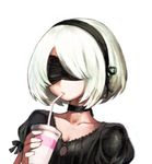  black_blindfold black_choker black_dress black_hairband blindfold breasts choker close-up collarbone cup dress drinking drinking_straw facing_viewer hairband holding holding_cup jun_(seojh1029) nier_(series) nier_automata puffy_short_sleeves puffy_sleeves short_hair short_sleeves silver_hair simple_background small_breasts upper_body white_background yorha_no._2_type_b 