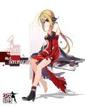  ankle_boots artist_request bandaged_arm bandages barefoot black_footwear black_gloves blonde_hair blue_eyes boots choker dress elbow_gloves eyepatch full_body girls_frontline gloves gun hair_between_eyes hair_ornament highres long_hair low_ponytail official_art petals red_dress ribbon_choker rose_petals single_boot sitting solo submachine_gun torn_clothes torn_dress vz.61_(girls_frontline) weapon 