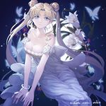  bare_shoulders bishoujo_senshi_sailor_moon blonde_hair blue_background blue_eyes bow bracelet breasts bug butterfly cleavage closed_mouth crescent dated double_bun dress expressionless facial_mark flower forehead_mark highres insect jewelry large_breasts lily_(flower) long_hair looking_at_viewer low_neckline princess_serenity siann signature solo tsukino_usagi twintails white_bow white_dress 