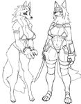  abs anthro armor barefoot bikini black_and_white bracelet canine clothed clothing facial_piercing helmet jewelry jijis-waifus mammal melee_weapon monochrome multiple_images nose_piercing oh-jiji piercing skimpy smile swimsuit sword unconvincing_armor weapon wolf 