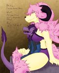  2017 anthro big_breasts breasts caprine clothed clothing colored corruptvoid demon digital_drawing_(artwork) digital_media_(artwork) dragon duo female fur fur_tuft goat hair hexy hi_res horn humanoid_hands long_hair male mammal mature_female mother multicolored_fur neck_tuft open_mouth parent pink_hair purple_fur purple_hair shadry shadry-chan shadry-x simple_background sitting smile solo text tuft two_tone_fur two_tone_tail yellow_eyes yellow_fur 
