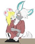  2017 andrev anthro arctic_fox bedroom_eyes biting_lip blonde_hair blue_fur blue_skin blush canine clothed clothing couple_(disambiguation) cuddling cute desk dragon drawing duo eyes_closed female flat_colors flirting fluffy flustered fox fully_clothed fur green_eyes grey_fur hair half-closed_eyes hi_res hoodie hug hugging_from_behind licking licking_neck lidded_eyes love luck_dragon male male/female mammal seductive serulean simple_background sitting smiley teasing tongue tongue_out white_background white_fur 