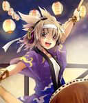  :d arm_up bracelet brown_eyes brown_hair drum drumsticks earmuffs hairband instrument japanese_clothes jewelry lantern looking_at_viewer makuwauri open_mouth outstretched_arm paper_lantern short_hair smile solo taiko_drum touhou toyosatomimi_no_miko 