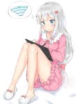  blue_eyes blush bow bow_panties eromanga_sensei hair_bow highres izumi_sagiri legs long_hair pajamas panties panties_removed pink_bow silver_hair simple_background sitting slippers solo striped striped_panties stylus tablet_pc thought_bubble underwear white_background yddsb123 