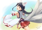  animal_ears black_hair chitose_yui detached_sleeves errant fox_ears fox_tail japanese_clothes long_hair looking_at_viewer miko multiple_tails open_mouth purple_eyes school_girl_strikers solo tail 