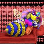 &lt;3 abdomen arthropod bee big_breasts blue_exoskeleton breasts clothing crown feather_boa floating_hands hand_on_chin insect insect_wings kirby_(series) lying nialaaaaaaa nintendo on_couch pillow purple_eyes queen_sectonia skirt sofa stinger video_games wings yellow_exoskeleton 弐新 