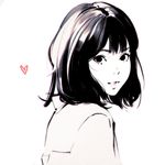  bangs bob_cut commentary_request from_side heart ilya_kuvshinov light_smile looking_at_viewer looking_to_the_side monochrome original parted_lips profile short_hair simple_background solo spot_color upper_body white_background 