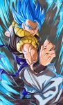  1boy aura belt black_vest blue_belt blue_eyes boots commentary dragon_ball dragon_ball_super_broly fighting_stance floating_clothes fusion gogeta grey_background looking_at_viewer male_focus muscle pants riiya_am signature smile solo spiked_hair super_saiyan_blue vest white_pants 