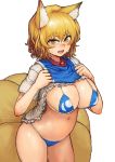  absurdres animal_ears animal_humanoid bangs bare_arms big_breasts bikini bikini_under_clothes blonde_hair blush breasts canine chanta chanta_(ayatakaoisii) cleavage clothed clothing dipstick_ears dress eyebrows_visible_through_hair female fox_ears fox_humanoid fox_tail frills hair hair_between_eyes hands_up hi_res highres humanoid inner_ear_fluff large_breasts lifted_by_self looking_at_viewer mammal multi_tail multiple_tails navel no_hat no_headwear no_pants open_mouth orange_eyes ran_yakumo shirt_lift short_hair short_sleeves simple_background slit_pupils solo standing stomach sweat swimsuit tabard tail teeth tongue touhou undressing upper_body white_background yakumo_ran yellow_eyes 