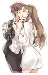  blazer blush breasts brown_hair cleavage closed_eyes coffee couple cup dress formal gebyy-terar glasses jacket kang_jaehee kiss large_breasts long_hair mug mug_writing multiple_girls open_blazer open_clothes open_jacket pantyhose pencil_skirt protagonist_(susanghan_messenger) short_hair skirt skirt_suit smile suit susanghan_messenger sweater sweater_dress white_sweater yuri 