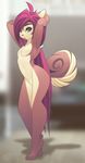  blue_eyes blurred_background breasts canine dog featureless_breasts featureless_crotch female hair hands_behind_head looking_at_viewer mammal nude open_mouth pink_hair rudragon small_breasts 