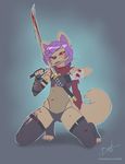  anthro armor bandage black_nose blood blush bonk brown_fur buckles bulge canine clothed clothing fenix fenix-fox fishnet fox fur girly gloves gradient_background hair hi_res katana kneeling knife kunai legwear licking male mammal melee_weapon pawpads paws purple_hair red_eyes rubber scarf simple_background skimpy socks solo sword toeless_socks tongue tongue_out translucent weapon 