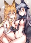  animal_ears arm_support bandaid between_breasts black_gloves blush bottomless breasts ezo_red_fox_(kemono_friends) fox_ears fox_tail gloves gradient gradient_background gradient_hair hair_between_eyes heart highres kemono_friends large_breasts light_brown_eyes light_brown_hair looking_at_viewer multicolored_hair multiple_girls navel necktie necktie_between_breasts off_shoulder open_clothes open_shirt shirt silver_fox_(kemono_friends) silver_hair simple_background sitting sunege_(hp0715) sweat tail 