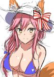  animal_ears arms_behind_back bare_shoulders bikini bikini_top blue_bikini blue_bikini_top blue_bow blush bow breasts brown_eyes cleavage collarbone commentary_request ears_through_headwear eyebrows_visible_through_hair fate/extra fate/extra_ccc fate_(series) fox_ears fox_tail hair_bow hat hat_bow large_breasts long_hair low-tied_long_hair pink_hair simple_background sketch solo striped striped_bow sun_hat swimsuit tail tamamo_(fate)_(all) tamamo_no_mae_(fate) tamamo_no_mae_(swimsuit_lancer)_(fate) tsurime upper_body white_background white_hat wonawo 