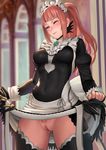  absurdres apron blue_eyes blush breasts breasts_apart center_opening covered_nipples dress dress_lift felicia_(fire_emblem_if) fire_emblem fire_emblem_if highres lasterk long_hair maid maid_apron maid_headdress medium_breasts no_panties one_eye_closed paid_reward patreon_reward pink_hair ponytail pubic_hair pussy pussy_juice solo_focus standing tears thighhighs uncensored 