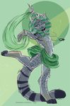  2017 ankh anthro black_nose clothed clothing collar cuntboy danceing digital_media_(artwork) feline fluffy fluffy_tail fur green_background green_eyes grey_fur headdress hearing_aid intersex mammal mauu_roque_raltique partialy_clothed raised_arm raised_leg scar simple_background smile solo zombietoes 