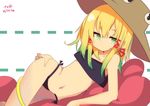  absurdres arm_rest artist_name bare_shoulders black_panties blonde_hair closed_mouth dated expressionless flat_chest gradient_hair green_eyes green_hair hair_ribbon hand_on_hip hat highres lying midriff moriya_suwako multicolored_hair navel on_side panties pyonta ribbon side-tie_panties solo tank_top te_toga touhou underwear white_background 