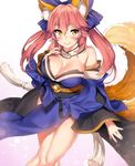  animal_ear_fluff animal_ears bangs breasts cleavage commentary_request eyebrows_visible_through_hair fate/extra fate_(series) fox_ears fox_girl fox_tail gradient gradient_background hair_between_eyes hand_on_own_chest highres japanese_clothes kawai large_breasts long_hair looking_at_viewer pink_hair solo tail tamamo_(fate)_(all) tamamo_no_mae_(fate) thighs twintails yellow_eyes 