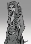  anthro breasts canine claws cleavage clothed clothing digital_media_(artwork) dress female fur hair long_hair looking_at_viewer mammal silverruby simple_background solo standing teeth video_games warcraft were werewolf wolf worgen 