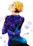  blonde_hair brown_hair christophe_giacometti facial_hair from_behind green_eyes hotbuggy looking_up male_focus multicolored_hair smile sparkle two-tone_hair yuri!!!_on_ice 
