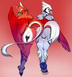  angiewolf anthro anus avian balls beak blue_eyes duo feathered_wings feathers fur gradient_background gryphon hippogryph male red_eyes red_feathers red_fur simple_background smile white_feathers white_fur wings 
